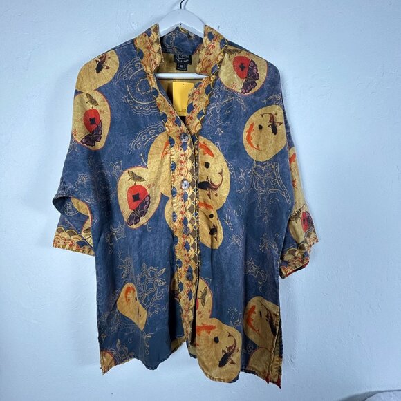 Citron Santa Monica Womens Asian-Inspired Moon Print Button Up Shirt Blue XL New - Picture 1 of 8